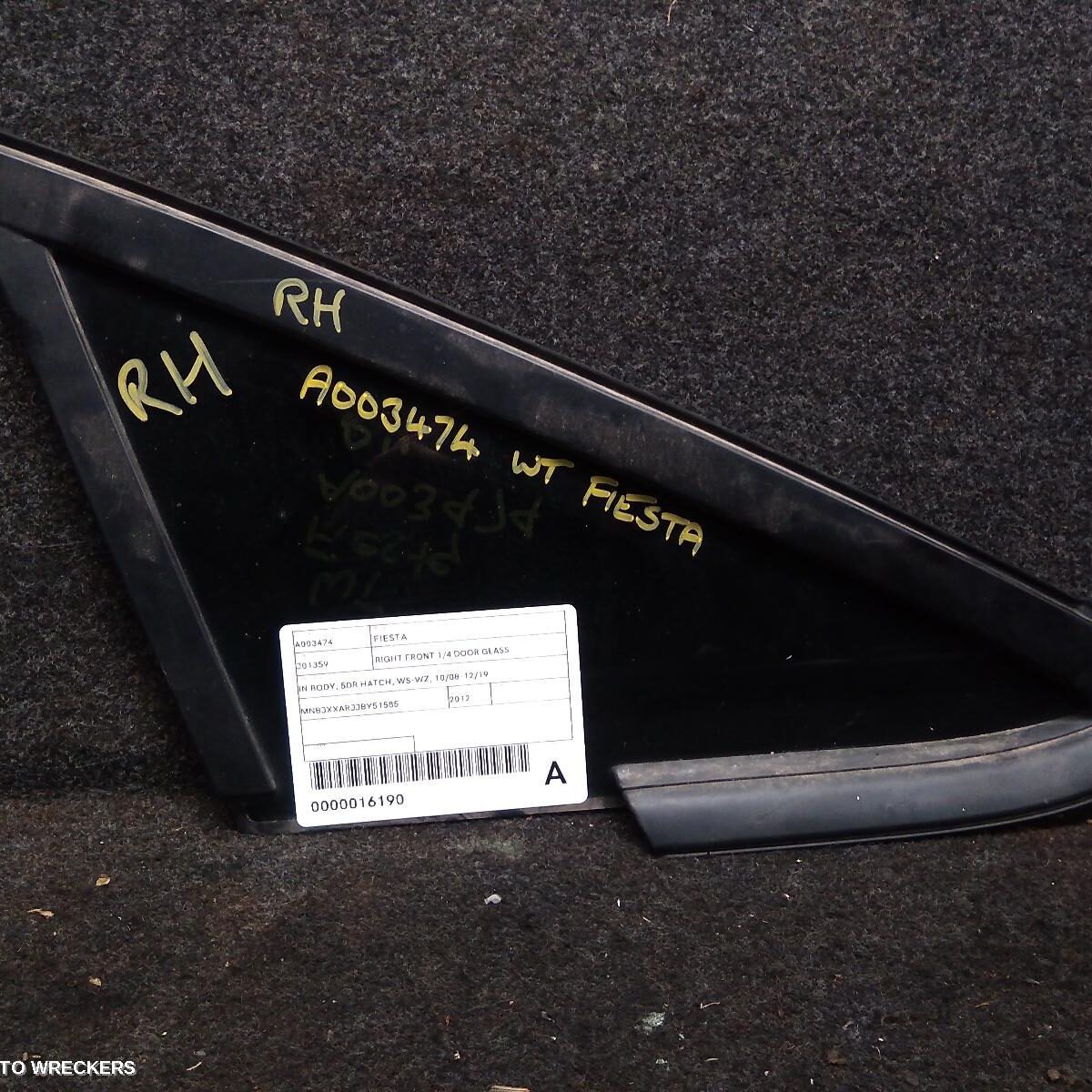 2012 FORD FIESTA Right Front 1/4 Door Glass